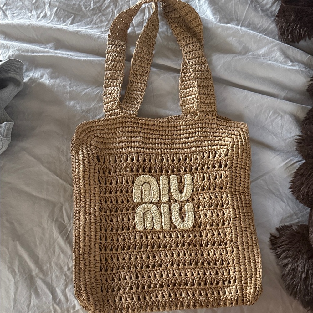 Natural Tan Crochet Tote with Cream Logo